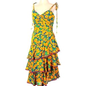 MARLA D. Vintage Floral Ruffle Dress – Retro Yellow Asymmetrical Midi Size 4